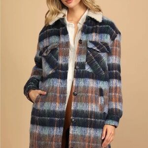Blank NYC Long Shacket Coat Blue Multi Plaid Brushed Wool Blend Cozy